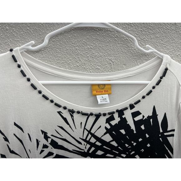 Womens Ruby Rd White Floral Beaded Neckline Ruched Side Short Sleeve Shirt Large - Picture 4 of 11